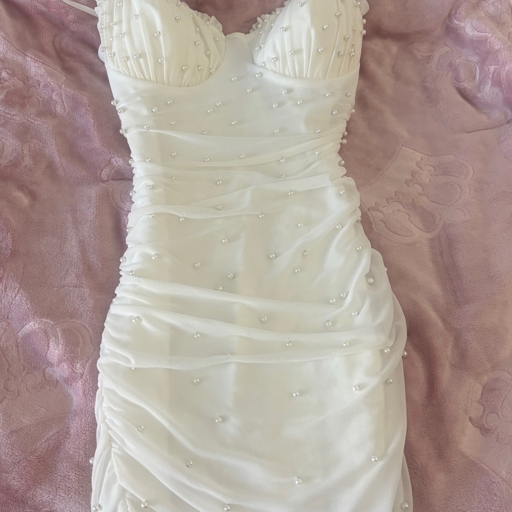 Elegant White Pearl-Embellished Dress